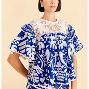 Farm Rio Jungle Scarf Ruffle Lace Blouse Womens Large Blue White Flutter Sleeve